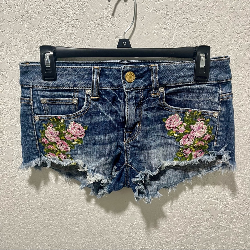 American Eagle Blue Jean Shorts with Pink Floral Embroidery